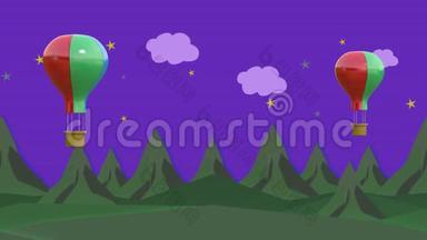 动画动作，气球在晚上漂浮在高山之上。 秒2-8可以为循环切割